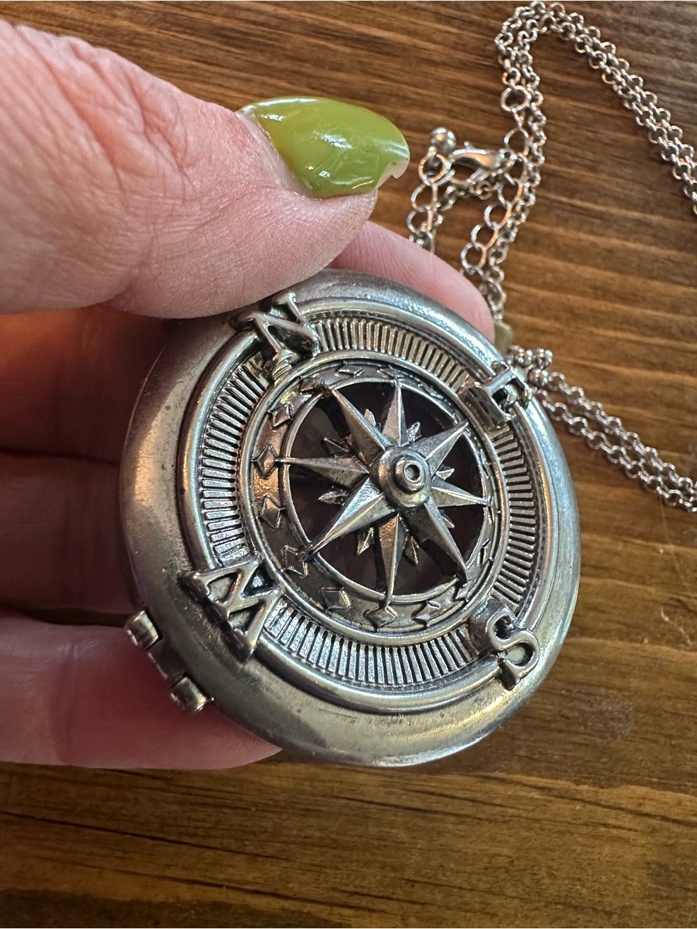 Compass Locket Necklace Silver Tone Nautical Boho Travel Pendant